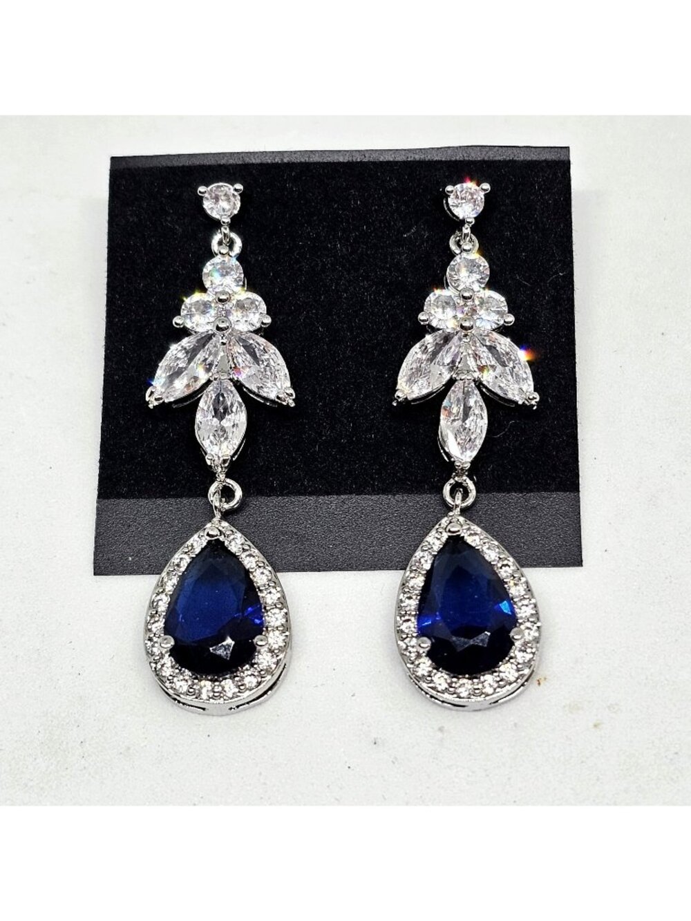Silver Tone Blue Crystal Teardrop Dangle Earrings Drop Formal Party Prom Wedding